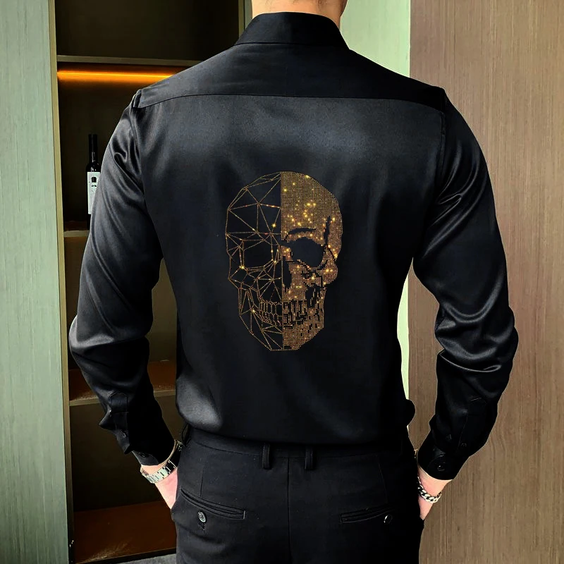 New Plus Size 5XL  Men Solid Color Business Shirt Fashion Classic Rhinestone Basic Casual Slim black Long Sleeve Shirt Clothes