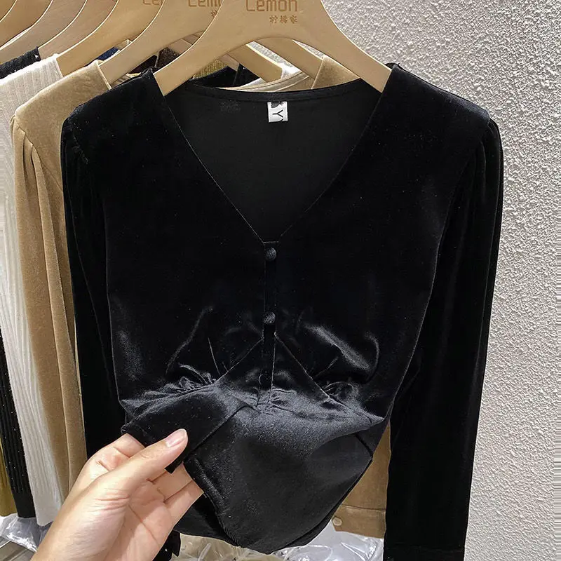 Casual Shirts Golden Velvet Autumn Spring Fashion Pure Color Deep V-neck Bottomed Bubble Sleeve Female Blouse Free Shipping