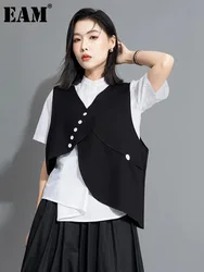 [EAM] Women Black Button Irregular Hem Big Size Casual Vest New V-collar Sleeveless Fashion Tide Spring Summer 2024 1DH5956