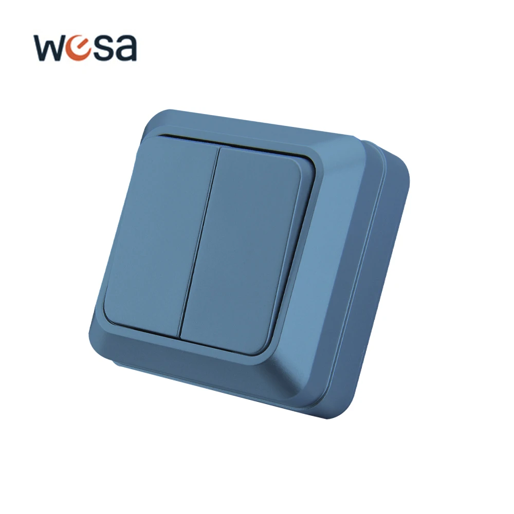 WESA Blue Wall Surface Button Light Switch EU Standard Classic Paint Plastic Outdoor 2 Gang 1 Way Wall Exterior Rocker Switch