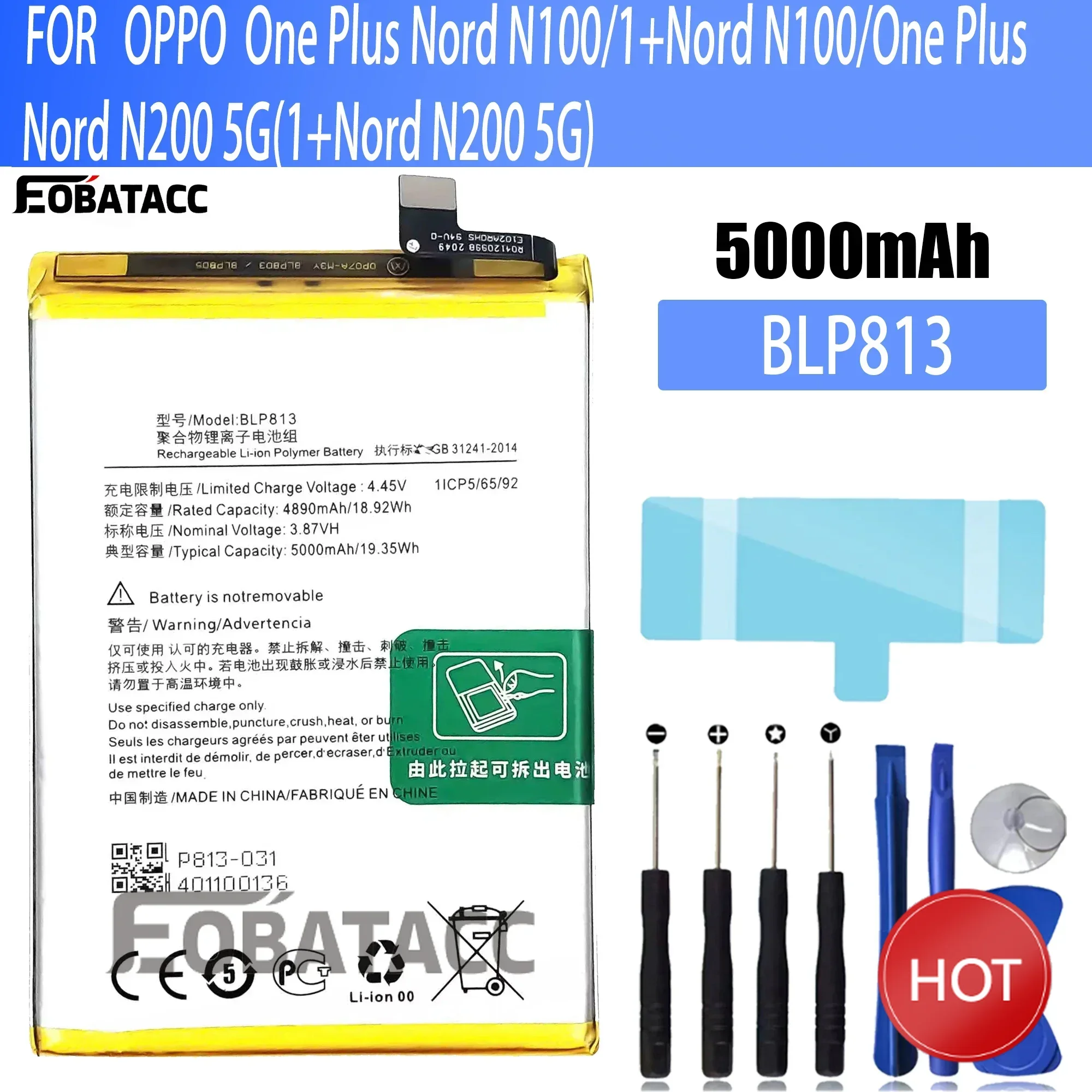 

100% New Original Battery BLP813 For OPPO One Plus Nord N100/1+Nord N100/One Plus Nord N200 5GBattery + Free Tools