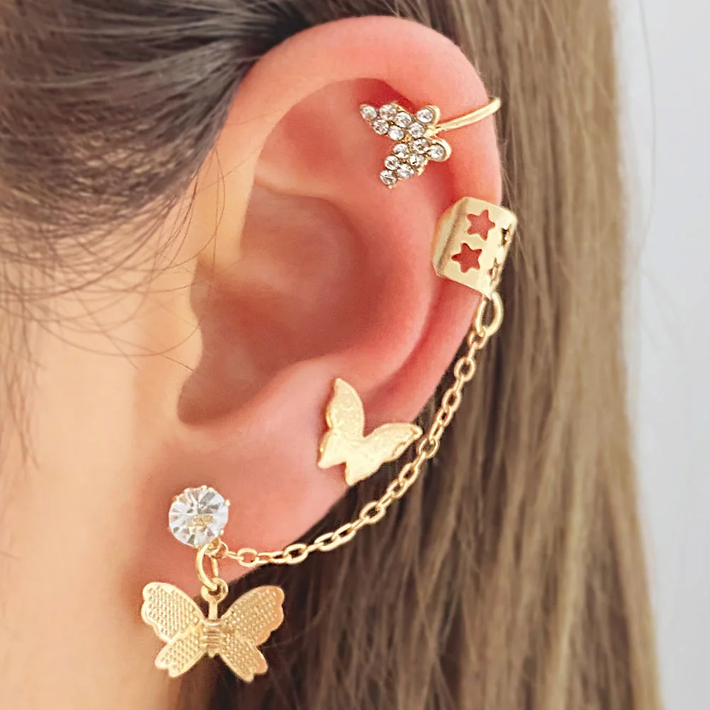 3 Pcs Butterfly Earrings Non-pierced Bone Clip Set with Diamond Tassel U-shaped Jewelry Alloy (gold) Studs