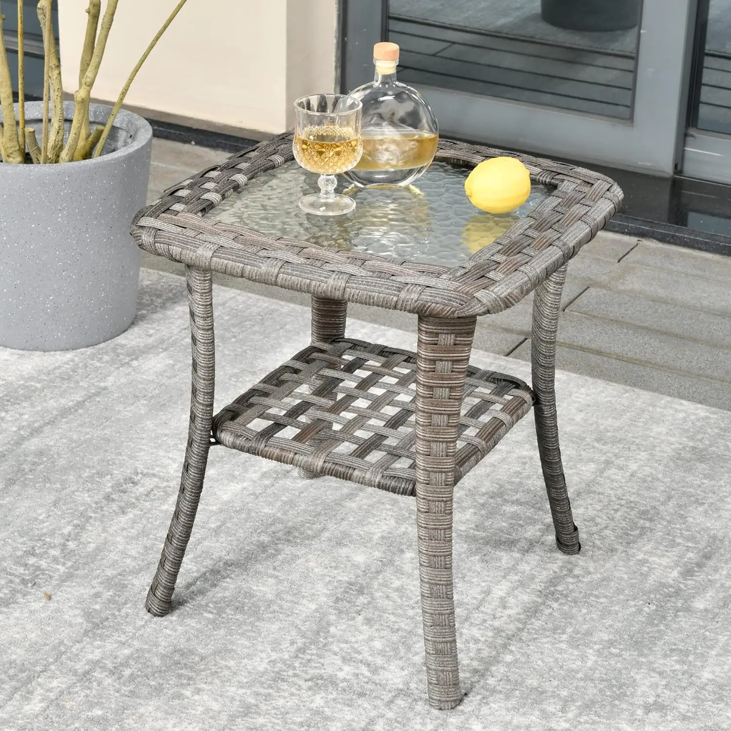 Ovios Outdoor Side Table With Storage, 2 Tier Patio Wicker Rattan Coffee Table, Tempered Glass Top, End Table For Porch Deck