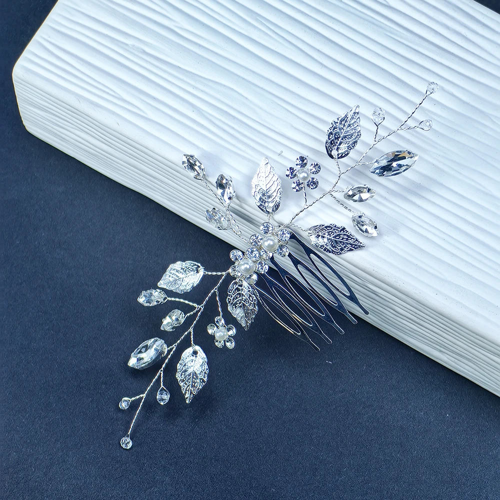 Leaf bridal wedding crystal hair comb rhinestone pearl bridal hair piece flower headdress suitable for women and girls