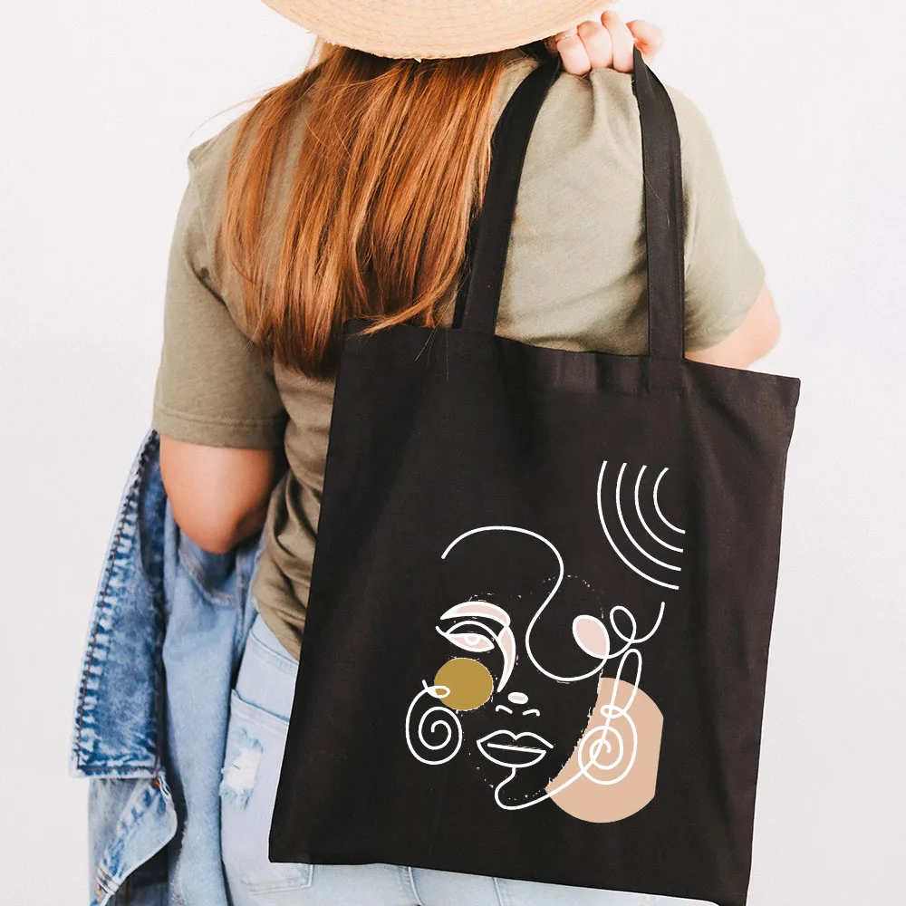 Bolso de mano de algodón de lona para mujer y niña, bolsa de mano con diseño geométrico de una línea de cara de flor minimalista abstracta, bolso de compras para estudiantes