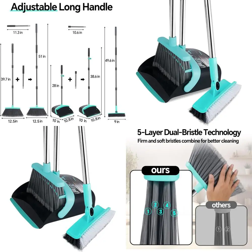 

Black Indoor/Outdoor Broom & Dustpan Set with Self-Cleaning Teeth for Smooth Floors in Kitchen & Bathroom