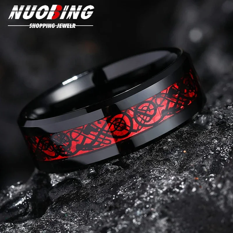 

Classic 8mm Black Tungsten Wedding Celtic Dragon For Men Fashion Stainless Steel Red Carbon Fiber Ring Band
