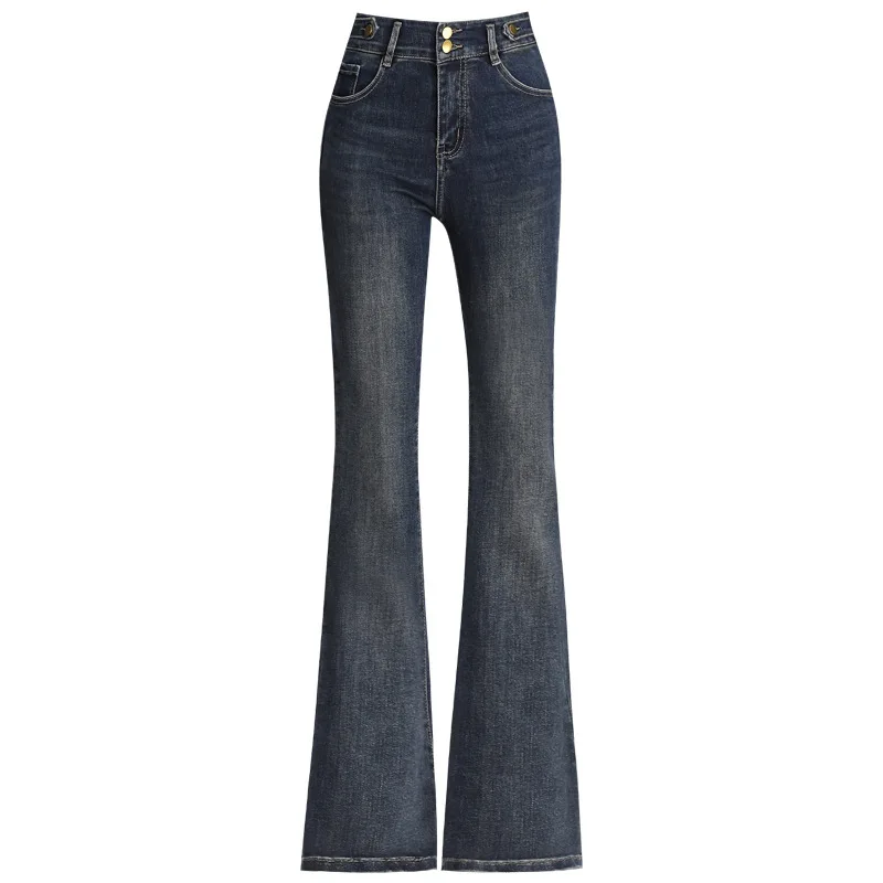 الربيع والخريف عالية الخصر زر مزدوج متوهج الجينز للنساء سليم صالح تنوعا مستقيم مطاطا جرس أسفل السراويل