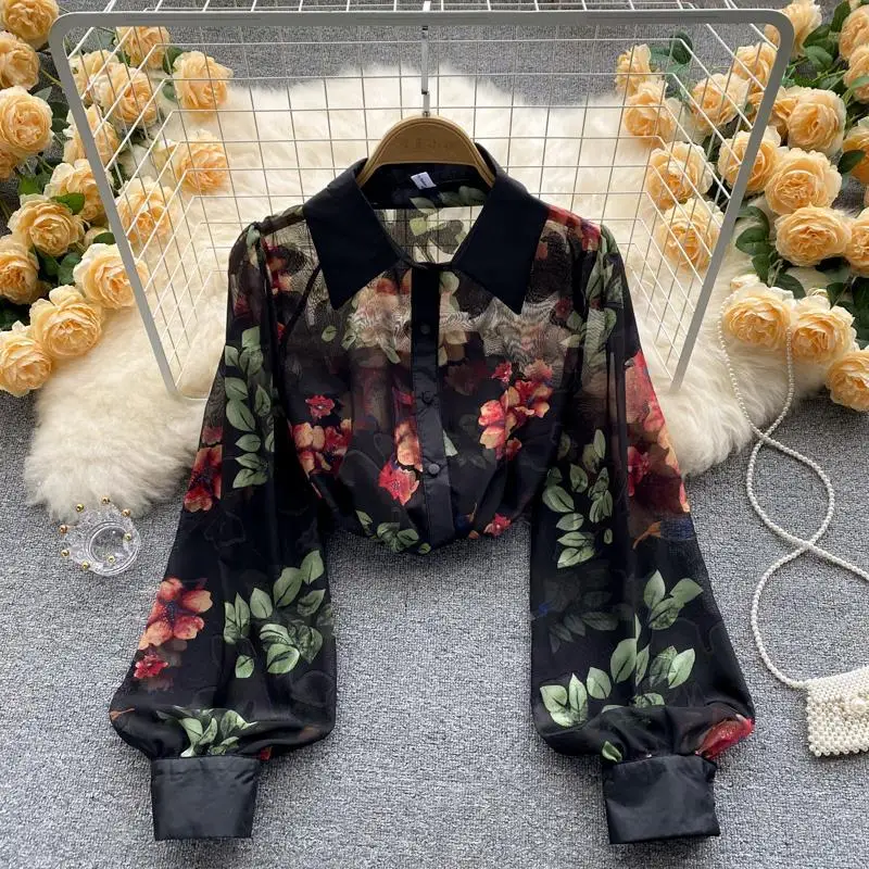 Flower Print Chiffon Vintage Transparent Thin Women\'s Blouse Shirt Polo-Neck Lantern Sleeve Pullover Blouses Spring Summer 2023
