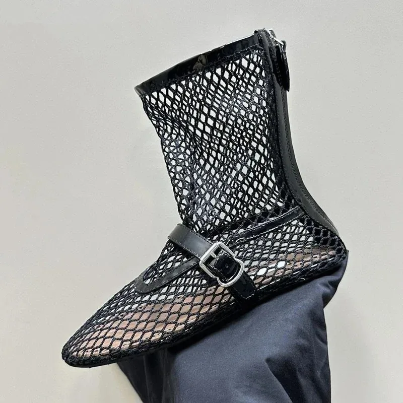 2024 Summer New Mesh Hollow Women\'s Flat Bottom Short Boots Fashion Round Head Back Zipper Sexy Large Women\'s Boots