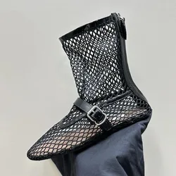 2024 Summer New Mesh Hollow Women's Flat Bottom Short Boots Fashion Round Head Back Zipper Sexy Large Women's Boots