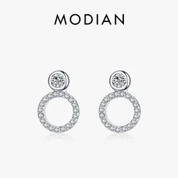 Modian 100% Real 925 Sterling Silver Classic Geometric Round Stud Earrings for Women Luxury Clear CZ Fine Female Wedding Jewelry
