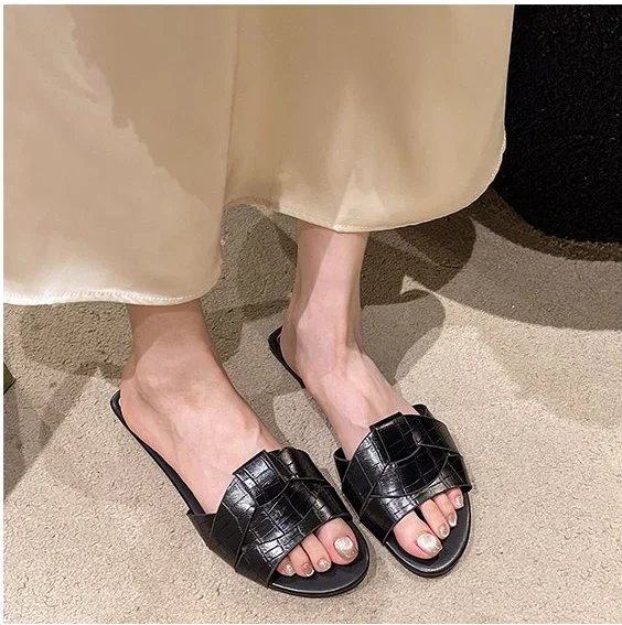 ZR New Woman Leather Flat Sandals Slippers Rounded Toe Open Toe Women\'s Sandals 2024 Summer Casual Female Flat Shoes