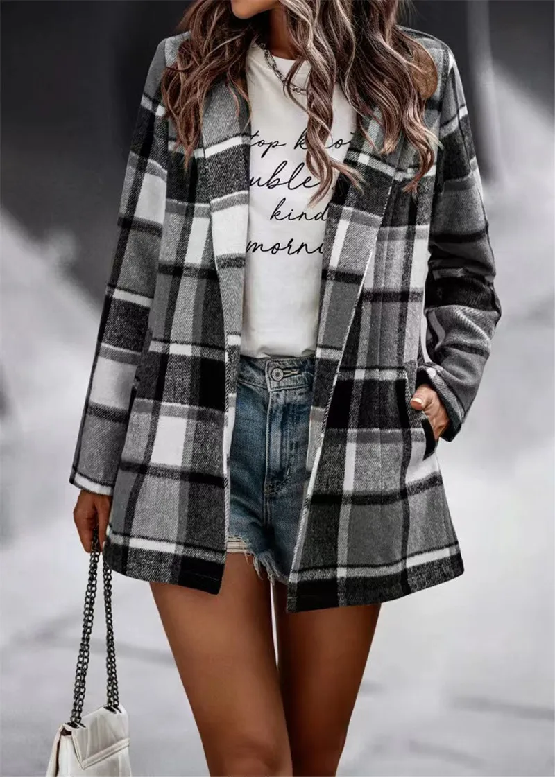 2023 European and American Women\'s Wear Autumn/Winter Long Sleeve Polo Collar Loose Plaid Thickened Woolen Coat