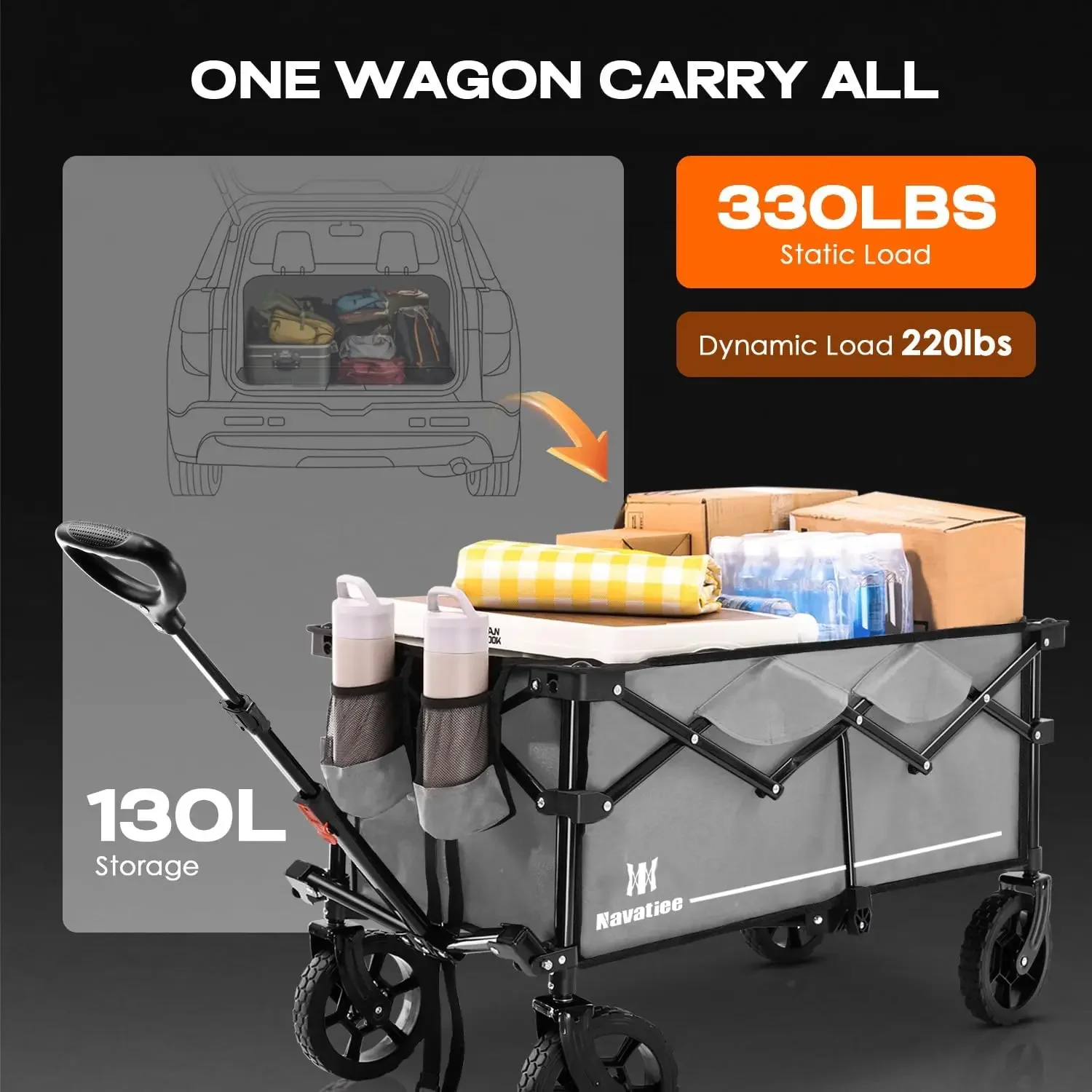 Vagón plegable, carrito de servicio pesado con dos soportes para bebidas, carro de comestibles utilitario