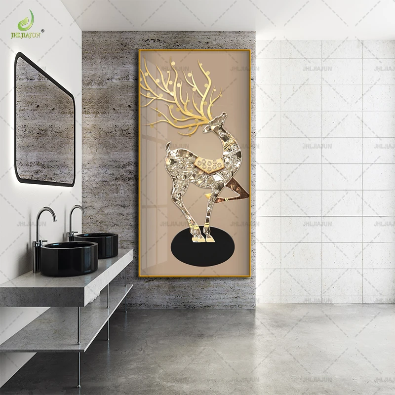 Popular New Gold Frame Golden Deer Entrance Background Crystal Porcelain Mural Home Decoration LED Wall Art