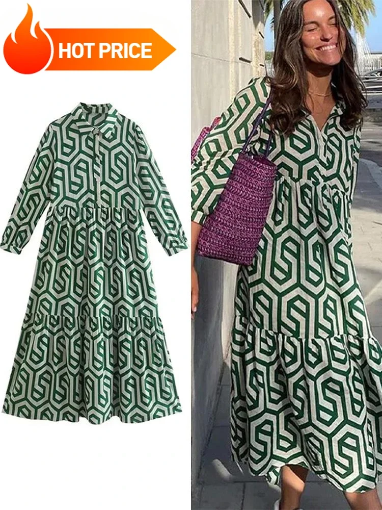 

2024 Fashion Geometry Printing Midi Dress For Women Elegant Oversize Loose Shirt Dresses Female Chic Long Sleeve Beach Dresses