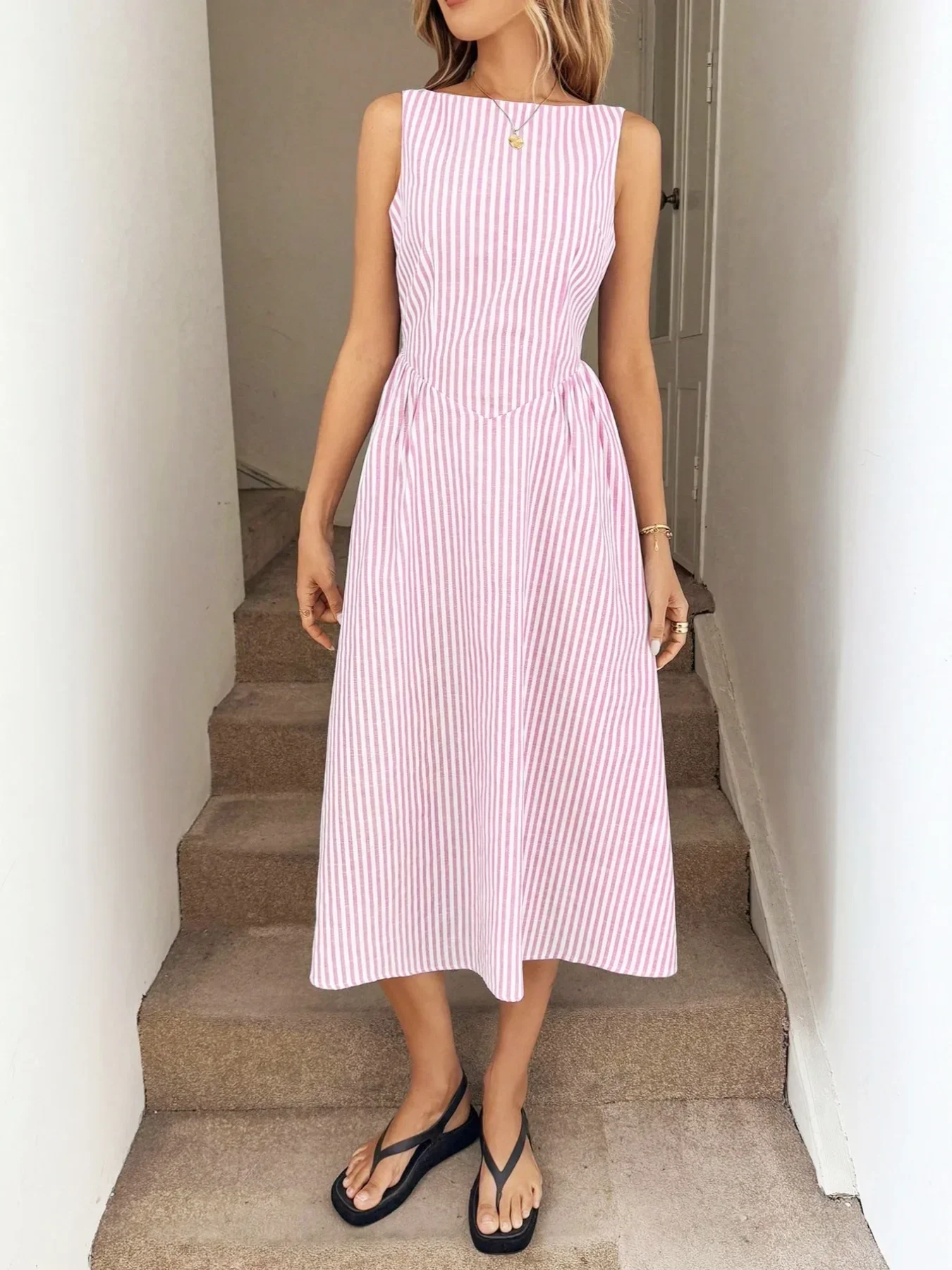 Neues Y2K Sommer-Urlaubskleid aus Leinen für Damen, ärmellos, vertikal gestreift, hohe Taille, A-Linie, Midi, lässiges Swing-Kleid mit Taschen – Detail 23