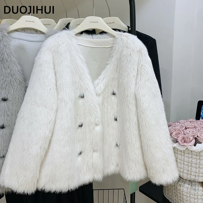 DUOJIHUI-Loose Faux Fur V-Neck para Women, Classic, Double Breasted, Female Fashion, Simple Long Sleeves, Casual e Basic, Winter, New