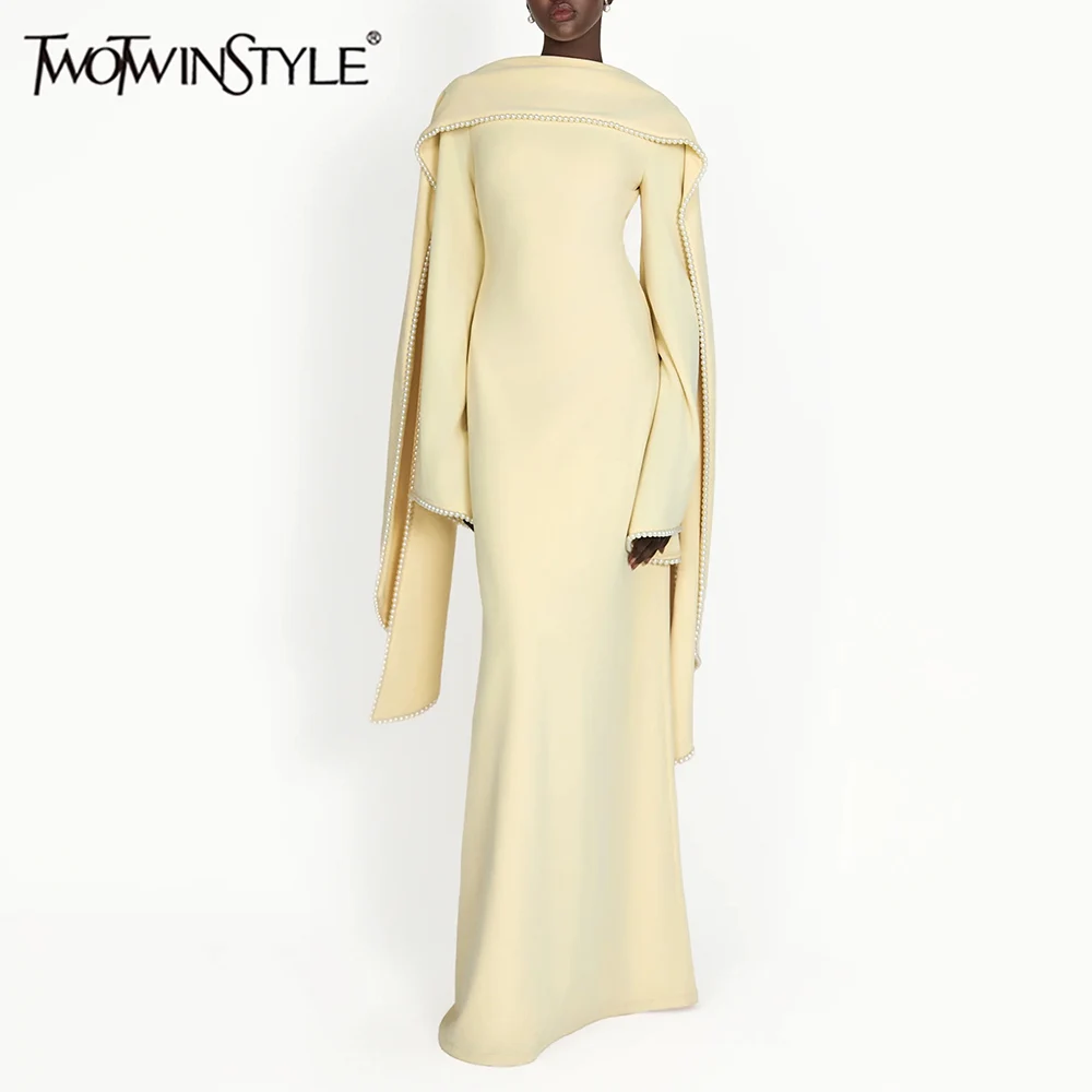 

TWOTWINSTYLE Solid Slimming Soliced Bead Temperament Dresses for Women Round Neck Long Sleeves Patchwork Ribbon Dress Female New