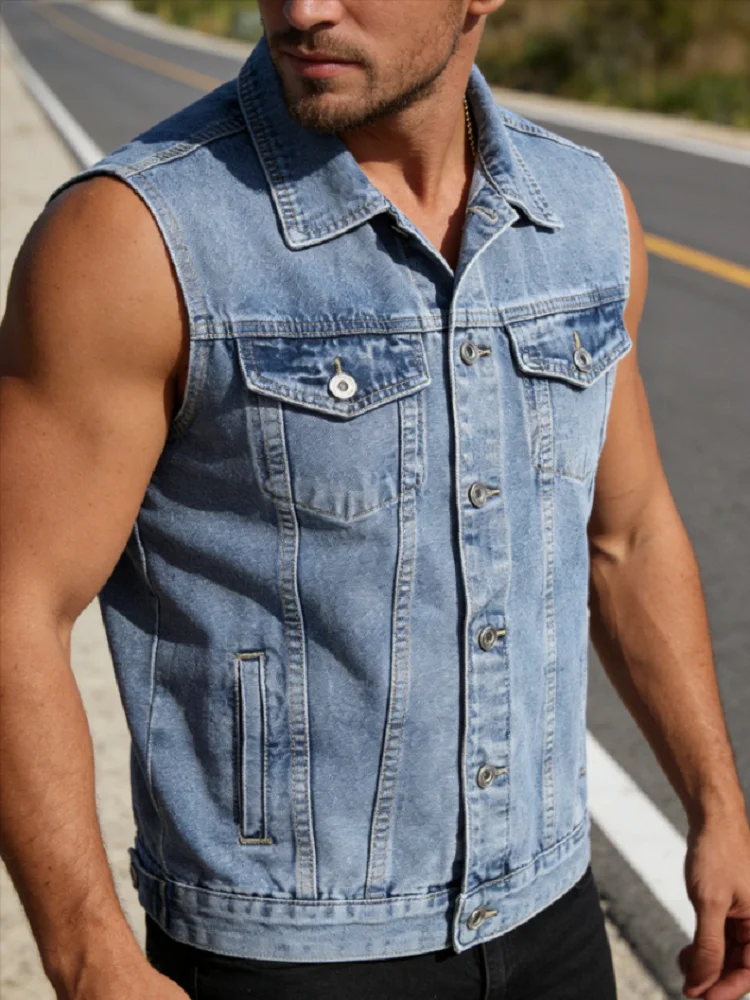 New Men's Retro Washed Denim Vest Lapel Single-Breasted Sleeveless Jacket Vintage Casual Streetwear Top for Men