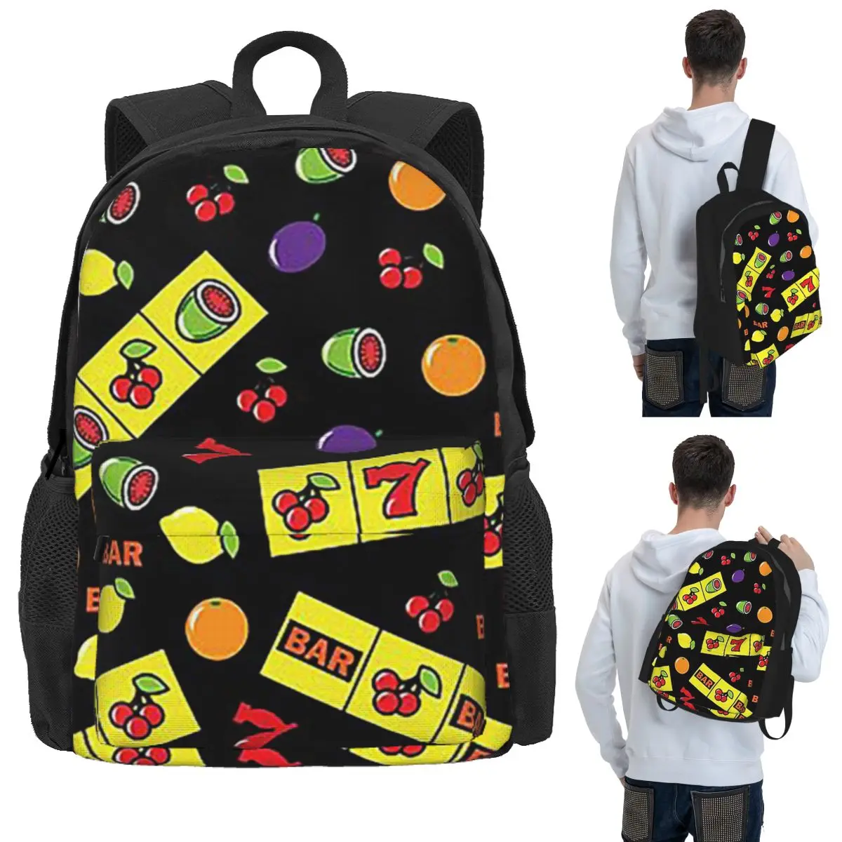 Casino Lucky Slots Cherry Melon Lemon Fruit Student Backpack School Bag Hiking Travel Daypack for Men Women Bookbag Shoulder Bag