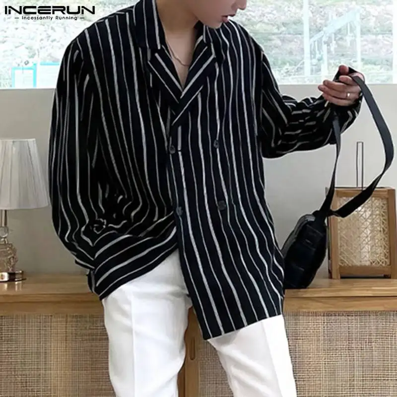 INCERUN Men Striped Shirt Lapel Long Sleeve Double Breasted Casual Men Clothing Streetwear Loose 2024 Korean Fashion Male Shirts