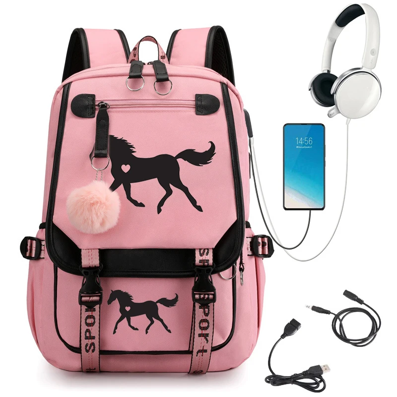 Schoolbag for Girls Large Capacity Student Backpack Cartoon High School Student Backpack Horse Heart Cartoon Bagpack Usb Bookbag