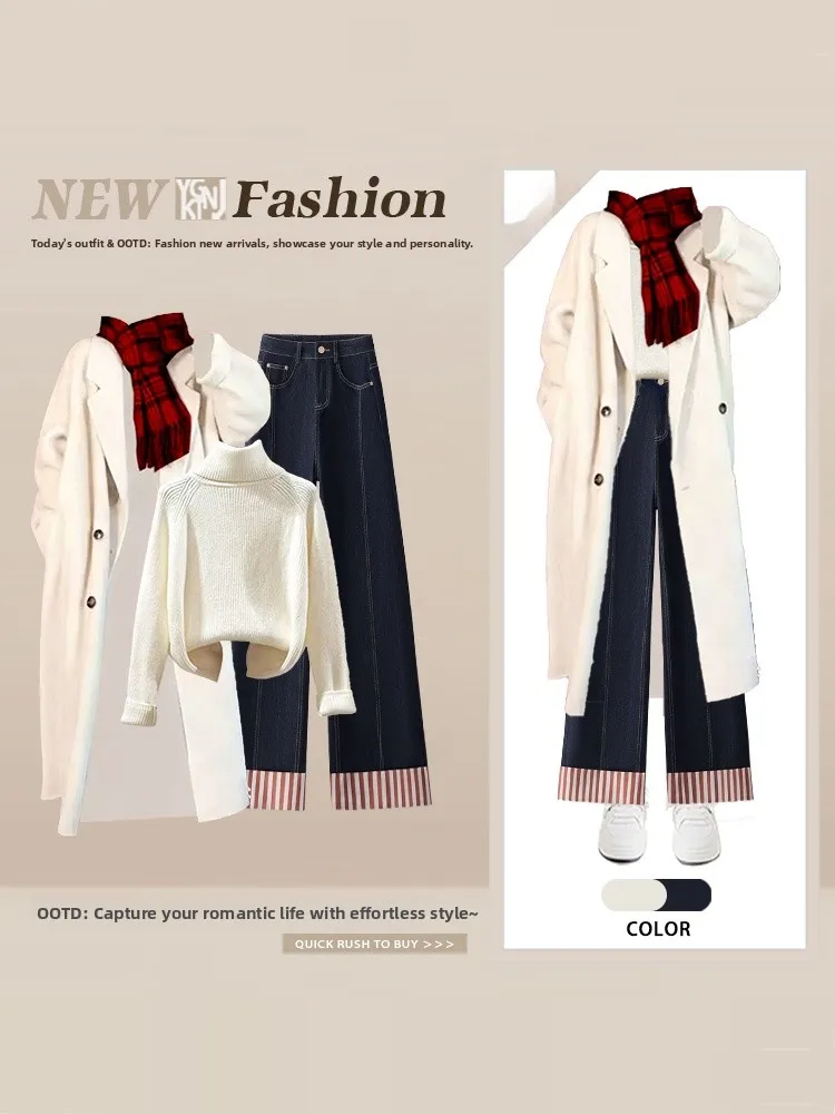 

Faionable Commuter Sle Coat Overlap Sweater Striped Jeans High Waist Pants Korean Sle Long Sve High Collar Tee Pie...