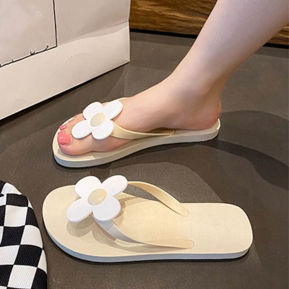 Casual Flower Flower Flip Flops Anti Slip PVC Platform Flip Flops Summer Beachwear Flat Soled Slippers Women