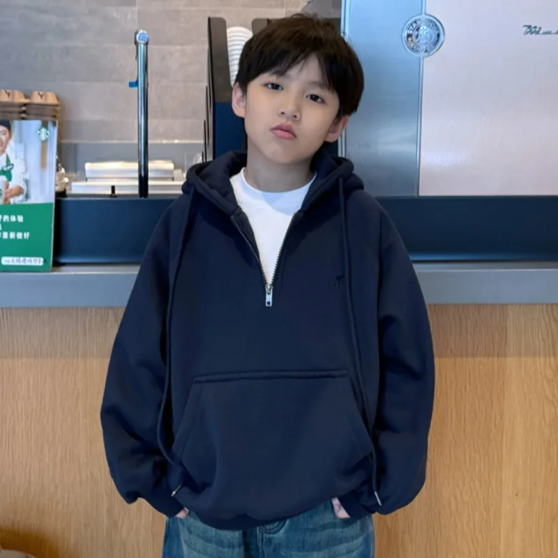 

Зимняя стильная универсальная теплая толстовка на флисовой подкладке для мальчиков и больших детей — детская толстовка с капюшоном для повседневной повседневной носки