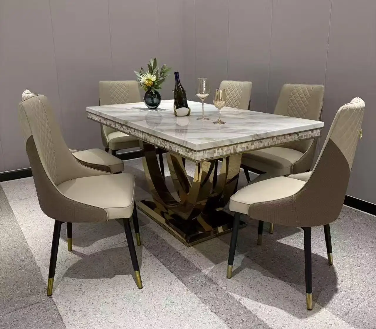 Middle Eastern European Style Furniture Fashionable White Granite Marble Minimalist Sealing Glaze Dining Room Table  Chairs Set