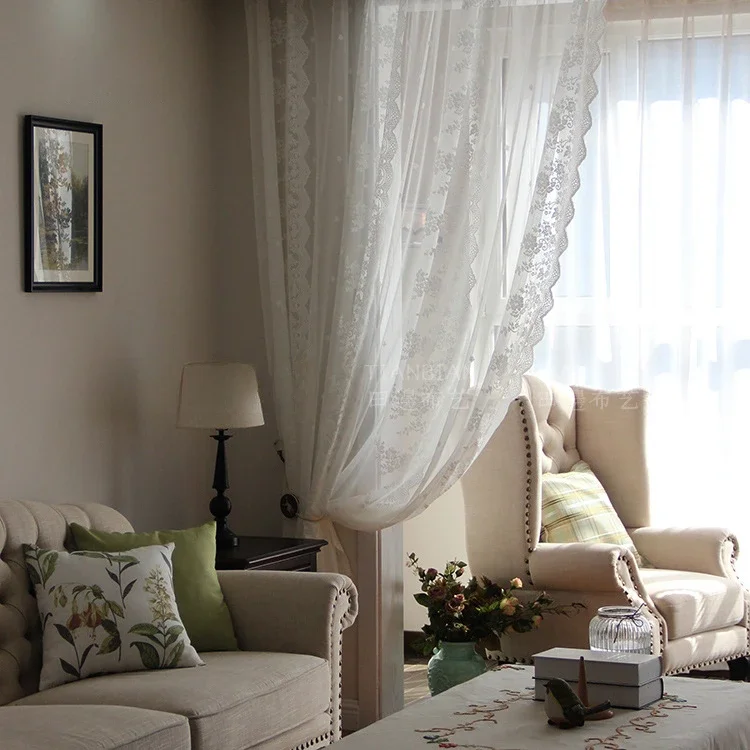 

Four Rows of Flowers Vertical Rows of Embroidery Custom Size White Yarn Curtains Window Screen Living Room Bedroom Lace