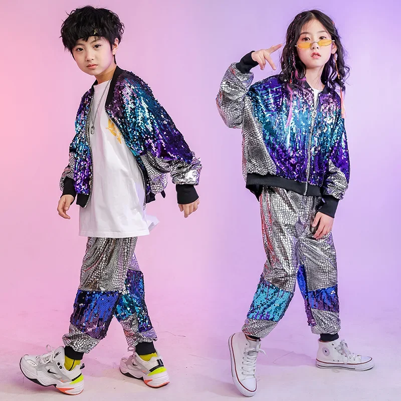 Street Jazz Dance Costume Performan Clothes Wear Kid Hip Hop Clothing Sequined Coat Jacket Loosed Silver Pants for Girls Boys