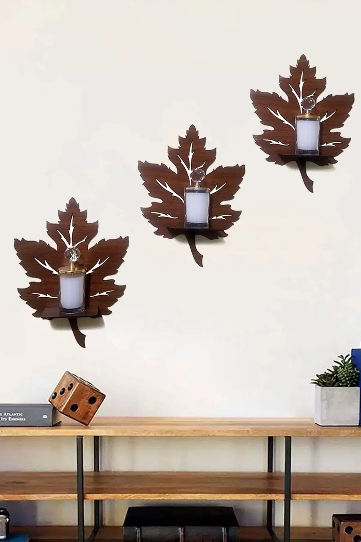 Wooden Wall Ornament Shelf Leaf Candle Holder Wall Decor 3 Pcs Wall Art