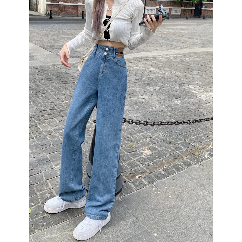 الرجعية واسعة الساق مستقيم قطع الجينز المرأة حجم كبير فضفاضة تناسب عالية الخصر السراويل الطويلة الخريف Faion المضادة للتجاعيد اللون العميق #5