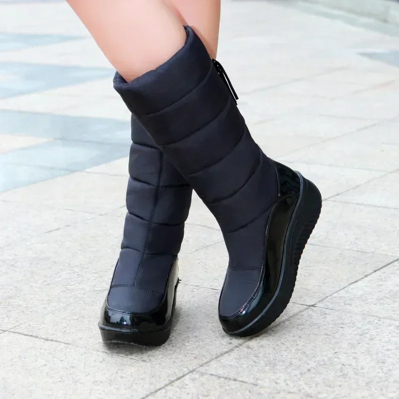 Winter Women Snow Boots Round Toe Plush Patent Leather Winter Black Brown Tassel Casual High Heel Wedge Platform Mid-calf Boots