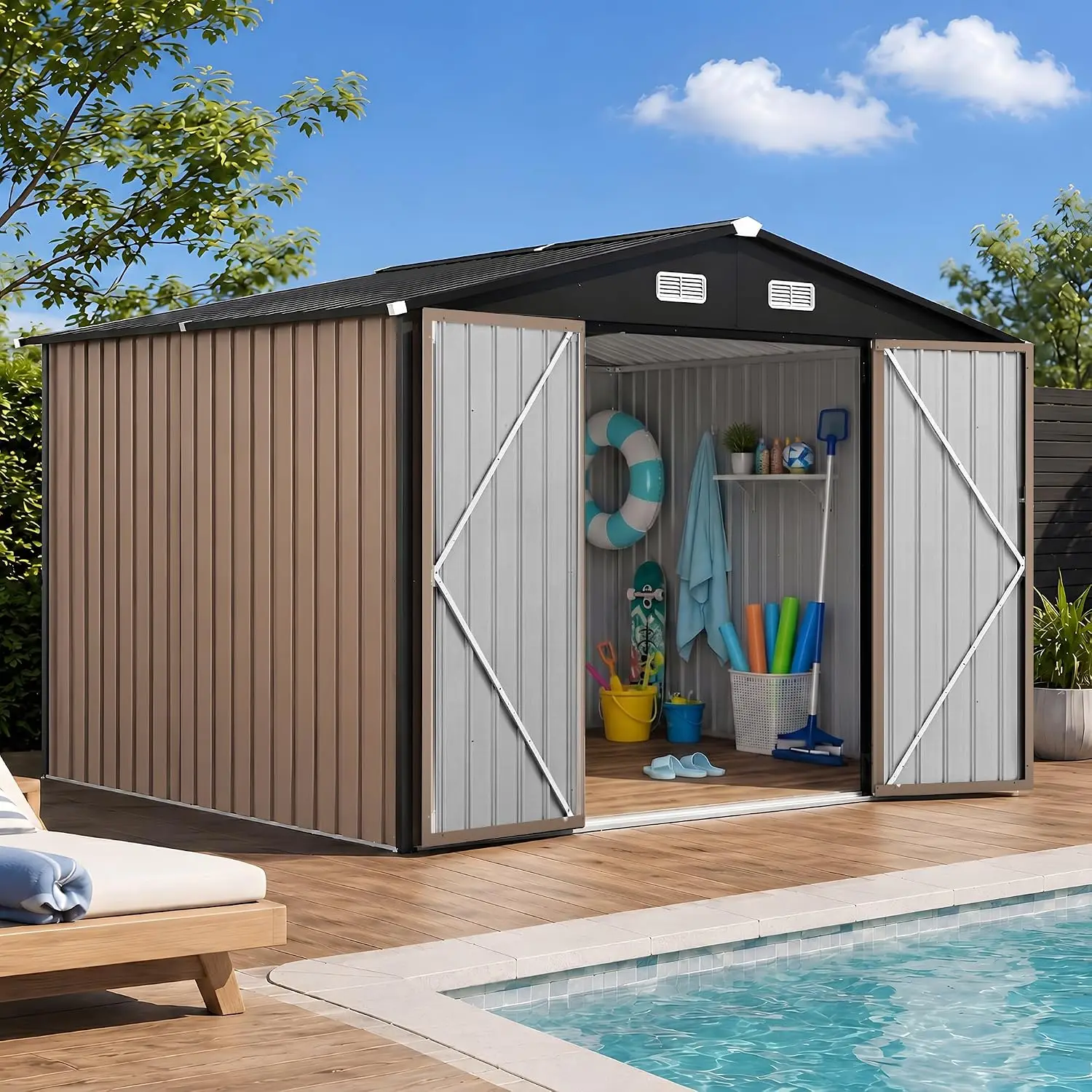 10x8 FT Outdoor Storage Shed, Metal Garden Shed with Sloping Roof and Lockable Door, Waterproof Utility Tool Shed, Customized