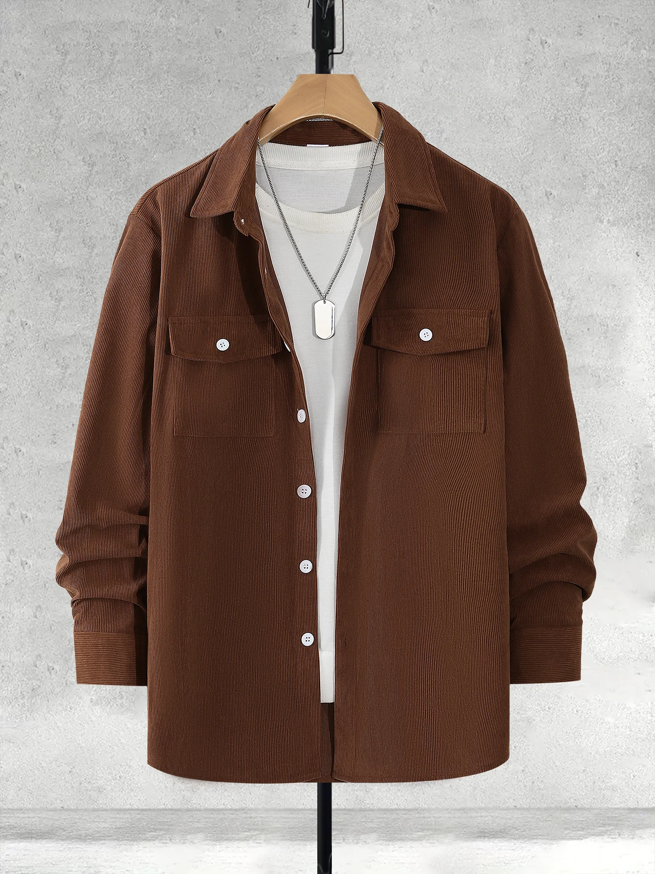 Men's Caramel Brown Fine Striped Corduroy Turn-Down Collar Long-Sleeve Shirt, Double Pocket Work Shirt, Vintage Loose American Casual Layered Versatile Men's Top for Spring and Autumn
