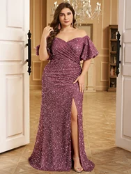 UNITHORSE Plus Size One-Shoulder Bubble Sleeve High Slit Shiny Sequin Formal Evening Party Dress Skirt