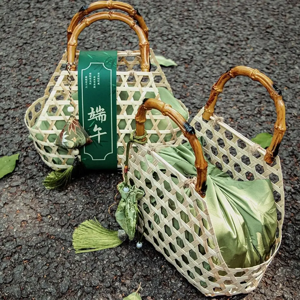 Practical Handmade Bamboo Basket Chinese Style Handheld Gift Packaging Box Empty Zongzi Gift Box for Home