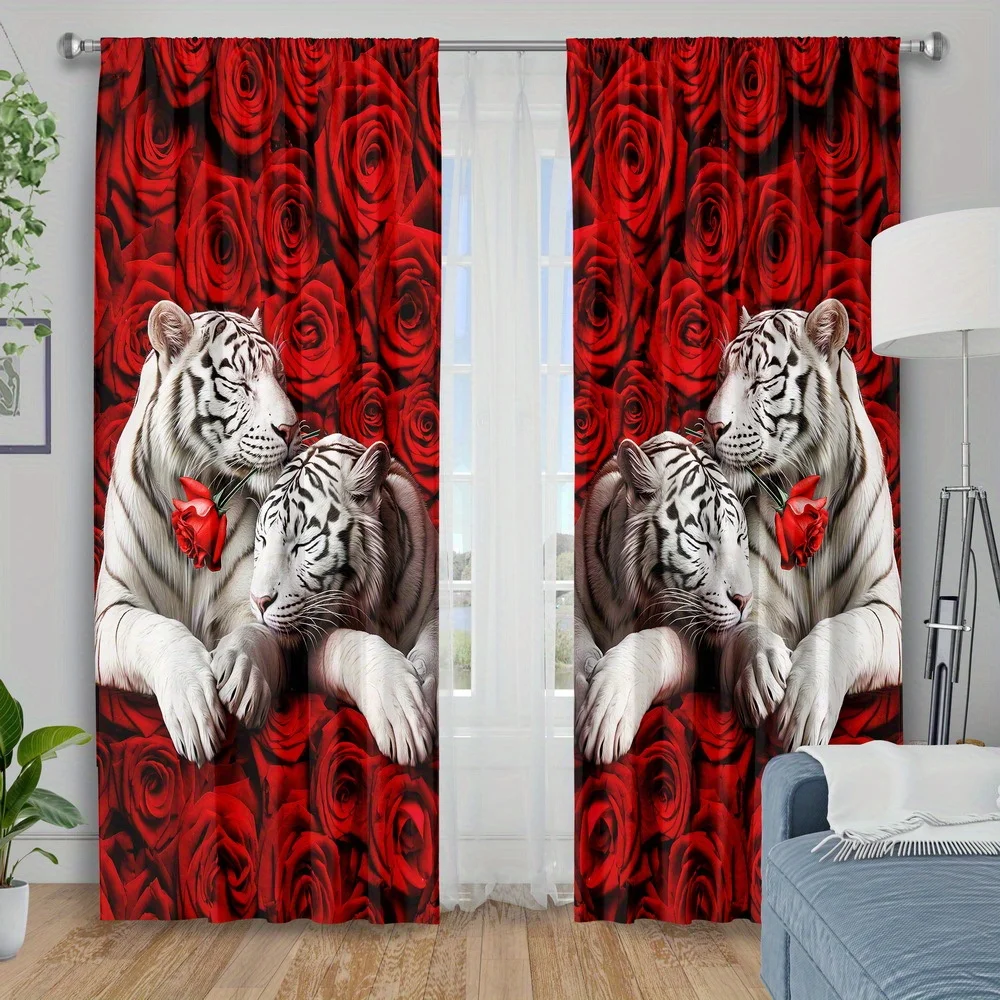 

Белый тигр и розы, шторы с животным принтом, оконные шторы, романтический домашний декор, гостиная, спальня, уникальный дизайн, тема любви