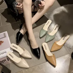 Women Leather Slippers 2024 Solid Colors Pointed Toe Casual Slide 4CM Thick Heel Outdoor Beach Mules Shoes Lady Flip Flops 34-39