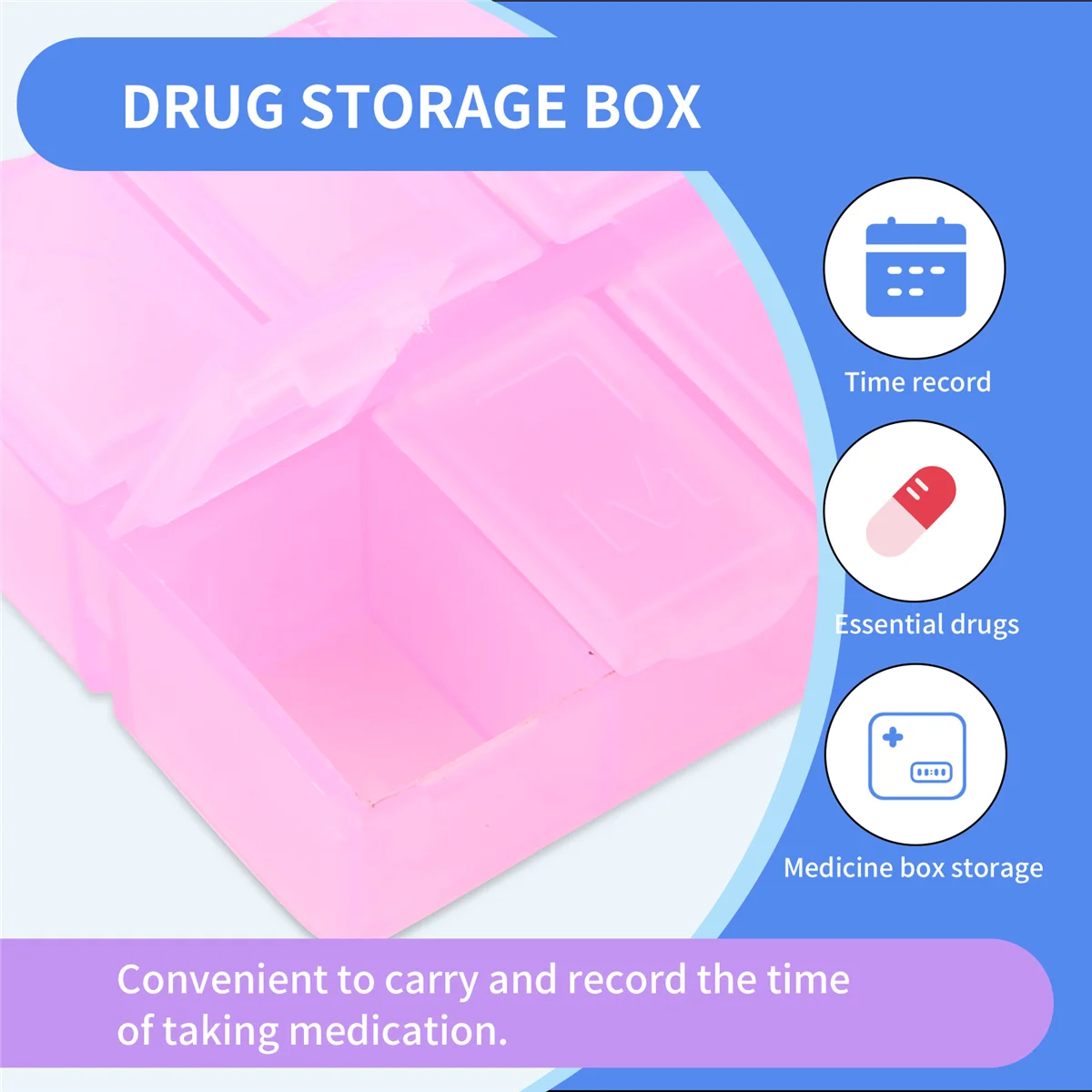 علبة حبوب دواء مستطيلة من البلاستيك ABAH مكونة من 8 أقسام لمدة 7 أيام باللون الوردي