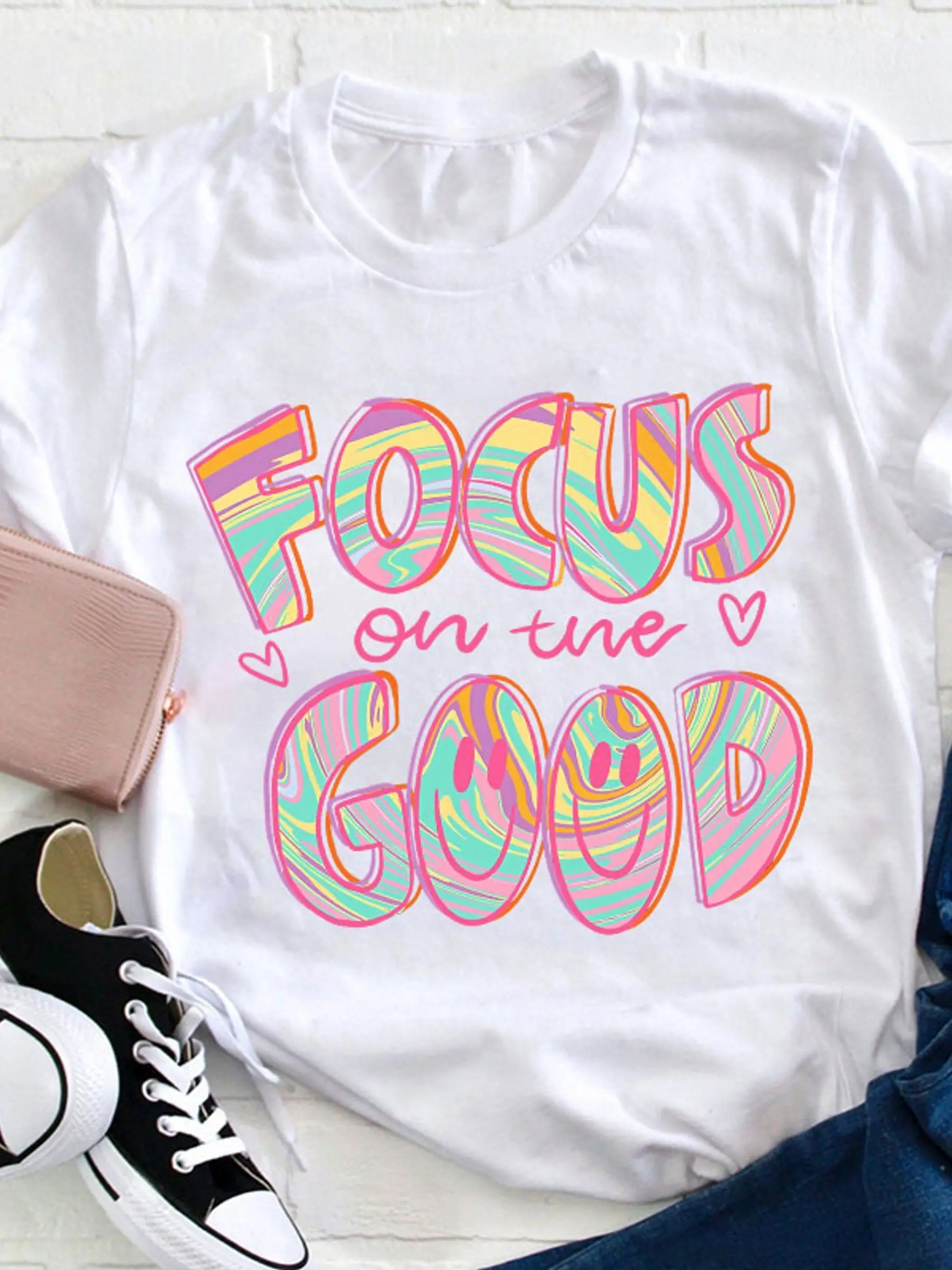 Women Y2K Motivational Tee Vibrant Watercolor Round Neck Soft Casual Short Sleeve Top Focus on The Good