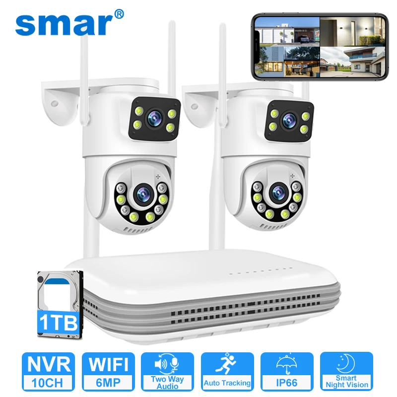 Smar 6MP Dual-Linsen-IP-Kameras Drahtloses CCTV-System 8CH NVR Zwei-Wege-Audio Outdoor PTZ WIFI Sicherheitskamera Videoüberwachungs-Set