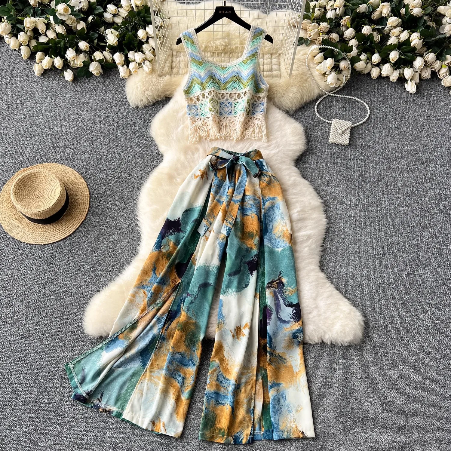 

Fashion Knit Top Casual Pants Two-Piece Set Beach Loose Slit Wide Leg Casual Pants + Hollow Knit Fringe Top Summer Suit