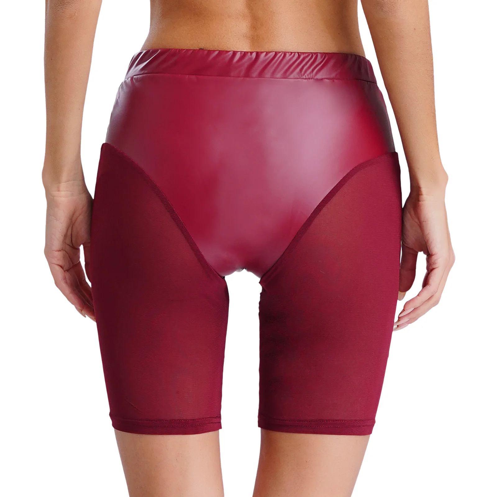 Damen-Shorts mit Mesh-Nähten, formendem Po-Lifter, dünne Kontrolle, Kompressionsshorts aus Kunstleder und gespleißtem Mesh mit hoher Taille