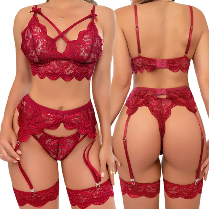 Ultradünnes BH-String-Strumpfband-Set, Sommer-Intimwäsche, 4-teiliges Damen-Dessous-Set, Spitzen-BHs, Höschen, Beinring, dünne Form-Cup-Unterwäsche