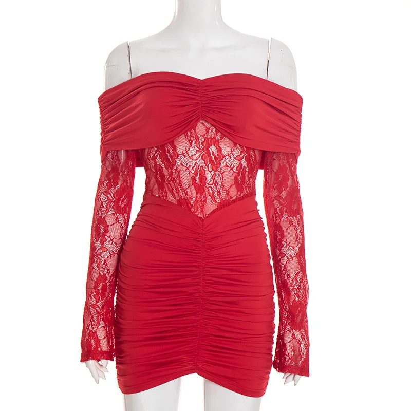 Sexy Y2K pizzo trasparente mini abito da donna senza spalline aderente increspato manica lunga party club outfit autunno inverno abiti regalo